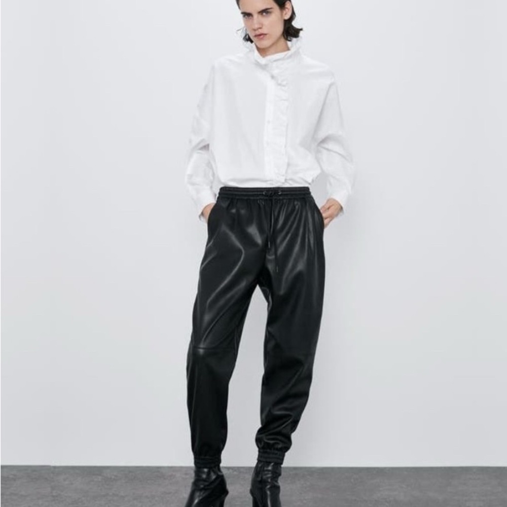 ZARA Faux Leather Jogger Trouser XS Black Drawstring Elastic Waist #8004